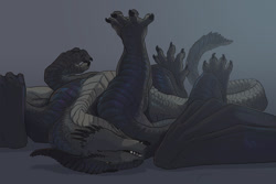 Size: 1200x800 | Tagged: safe, artist:ragnorena, dragon, fictional species, reptile, scaled dragon, feral, horns, lying down, on back, solo, webbed wings, wings