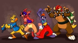 Size: 2290x1268 | Tagged: safe, artist:orlandofox, bonnie (fnaf), bowser (mario), chica (fnaf), donald duck (disney), freddy fazbear (fnaf), roger rabbit (roger rabbit), swiper (dora the explorer), bear, bird, canine, chicken, fox, galliform, lagomorph, mammal, rabbit, red fox, anthro, disney, dora the explorer, five nights at freddy's, mario (series), mickey and friends, nickelodeon, nintendo, who framed roger rabbit, cosplay, crossover, feathers, female, group, male, paw pads, paws, tail, tail feathers