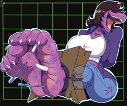 Size: 1280x1073 | Tagged: safe, artist:zp92, susie (deltarune), fictional species, monster, reptile, anthro, deltarune, barefoot, big breasts, breasts, chalk, clothes, feet, female, hair, hair over eyes, legwear, pen, soles, solo, solo female, stocks, tickle fetish, tickle torture, tickling, tied hands, toes