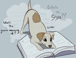 Size: 900x686 | Tagged: safe, artist:unibat, wishbone (wishbone), canine, dog, jack russell terrier, mammal, terrier, feral, pbs, wishbone (series), book, male, solo, solo male