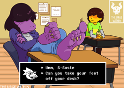 Size: 2267x1601 | Tagged: safe, artist:the urge within, alphys (undertale), kris (deltarune), susie (deltarune), fictional species, human, mammal, monster, reptile, anthro, plantigrade anthro, deltarune, undertale, barefoot, claws, desk, duo, feet, female, foot focus, grumpy, hair, hair over eyes, male, soles, toes