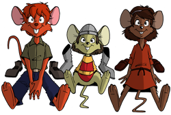 Size: 1187x800 | Tagged: safe, artist:salmacisreptile, mammal, mouse, rodent, anthro, disney, dragon's lair, sullivan bluth studios, the secret of nimh, 2d, boy (the small one), dirk the daring (dragon's lair), feet, front view, male, males only, mousified, simple background, the small one, transparent background, trio, trio male