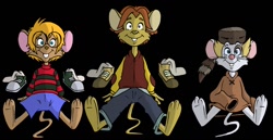 Size: 1280x660 | Tagged: safe, artist:salmacisreptile, mammal, mouse, rodent, anthro, all dogs go to heaven, rock-a-doodle, sullivan bluth studios, 2d, black background, david (all dogs go to heaven), edmond (rock-a-doodle), feet, jawbreaker (don bluth), male, males only, mousified, simple background, trio, trio male