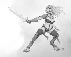 Size: 1680x1350 | Tagged: suggestive, artist:ecmajor, camel, mammal, anthro, unguligrade anthro, 2018, areola, belly button, black and white, boots, bra, breasts, butt, clothes, cosplay, ear piercing, earring, female, fur, gloves, grayscale, hair, hooves, leather, male, monochrome, nose piercing, open mouth, panties, piercing, shoes, simple background, solo, solo female, standing, sword, taarna (heavy metal), tack, tail, teeth, thong, traditional art, underass, underwear, warrior, weapon, white background