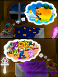 Size: 2477x3300 | Tagged: safe, artist:jac59col, coco bandicoot (crash bandicoot), crash bandicoot (crash bandicoot), bandicoot, elephant, mammal, marsupial, crash bandicoot (series), apple, bed, bedroom, bedside table, blanket, cell phone, cloud, comic, crescent moon, crystal, dream, dream cloud, dreaming, duo, falling, female, fence, flower, fruit, heart, high res, house, indoors, laptop, male, mattress, moon, night, nightcap, phone, pillow, platinum, relic, sky, sleeping, smartphone, stars, teddy bear, tree, village, window, wumpa fruit