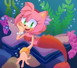 Size: 1250x1100 | Tagged: safe, artist:sallysekai29, amy rose (sonic), fictional species, fish, hedgehog, mammal, anthro, sega, sonic the hedgehog (series), 2021, female, fins, fish tail, solo, solo female, tail
