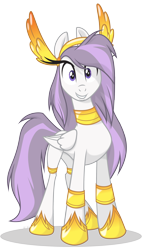 Size: 2135x3751 | Tagged: safe, artist:le-23, athena (guardians of pondonia), equine, fictional species, mammal, pegasus, pony, feral, friendship is magic, guardians of pondonia, hasbro, my little pony, 2021, eyelashes, feathered wings, feathers, female, folded wings, fur, grin, hair, high res, hoof shoes, jewelry, mare, necklace, purple hair, regalia, simple background, smiling, solo, solo female, transparent background, vector, white body, white fur, wings
