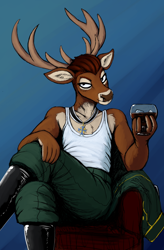 Size: 842x1280 | Tagged: safe, artist:stedilnik, oc, oc:officer deer (stedilnik), cervid, deer, mammal, anthro, 2017, alcohol, antlers, bedroom eyes, blue background, boots, bottomwear, brown body, brown fur, brown hair, chair, clothes, drink, drinking, ear fluff, fake advertisement, fluff, fur, glass, hair, hands, ice, ice cube, indoors, jewelry, jägermeister, male, military uniform, muscles, necklace, order of merit, pants, shirt, shoes, simple background, sitting, solo, solo male, topwear, undershirt