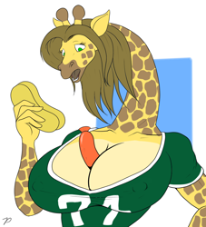 Size: 1000x1099 | Tagged: suggestive, artist:zp92, giraffe, mammal, anthro, between breasts, big breasts, bread, breasts, cleavage, clothes, embarrassed, female, food, herbivore confusion, hot dog, solo, solo female, wurstel