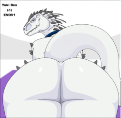 Size: 1200x1168 | Tagged: suggestive, artist:evov1, oc, oc only, oc:yuki rex, dinosaur, theropod, tyrannosaurus rex, anthro, 2020, animated, big butt, blinking, butt, collar, digital art, gif, looking at you, looking back, looking back at you, lying down, nudity, rear view, scales, sharp teeth, spikes, tail, teeth, thighs, twerking, wide hips