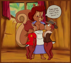 Size: 1280x1137 | Tagged: suggestive, artist:vylfgor, chip (disney), dale (disney), mammal, rodent, squirrel, anthro, chip 'n dale: rescue rangers, disney, mickey and friends, big breasts, breastfeeding, breasts, clothes, female, group, male, suckling, trio
