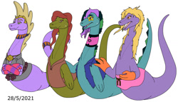 Size: 1280x731 | Tagged: safe, artist:tektalox, loch ness monster, outrageous ness (happy ness), reckless ness (happy ness), selfish ness (happy ness), feral, happy ness: the secret of the loch, 2d, blue body, female, green body, group, hair, hopeless ness (happy ness), male, purple body, purple hair, red hair, simple background, white background, yellow hair