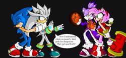 Size: 1277x593 | Tagged: safe, artist:unknownspy, amy rose (sonic), blaze the cat (sonic), silver the hedgehog (sonic), sonic the hedgehog (sonic), cat, feline, hedgehog, mammal, anthro, sega, sonic the hedgehog (series), 2010, angry, black background, clothes, cross-popping veins, female, fire, fur, hammer, imminent pain, male, male/female, not helping, oh no, quills, rage, shipping, silvaze (sonic), simple background, sonamy (sonic), speech bubble, sweat, sweatdrop, text, this will end in death, this will end in pain