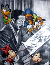 Size: 898x1156 | Tagged: safe, artist:moisessurielart, donald duck (disney), goofy (disney), mickey mouse (disney), minnie mouse (disney), pluto (disney), bird, canine, dog, duck, human, mammal, mouse, rodent, waterfowl, anthro, feral, disney, mickey and friends, steamboat willie, walt disney, 2012, 2d, bloomers, bottomwear, bow, clothes, collar, drawing, dress, female, group, hair bow, hat, headwear, male, open mouth, open smile, puffy sleeves, smiling