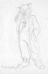 Size: 1814x2771 | Tagged: safe, artist:eric w schwartz, oc, oc:sir kain, cat, feline, mammal, anthro, 1996, 20th century, black cat, male, pencil drawing, signature, sketch, solo, solo male, traditional art, trench coat