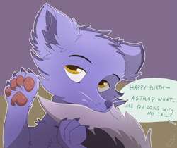 Size: 1649x1385 | Tagged: safe, artist:nighty, furbooru exclusive, astra, oc, oc:luna the enfield, canine, fox, mammal, feral, 2021 furbooru anniversary, furbooru, ambiguous gender, anniversary, biting, cheek fluff, claws, colored pupils, dialogue, ear fluff, fluff, fur, looking at you, meta, offscreen character, paw fluff, paw pads, paws, purple body, purple fur, solo focus, speech bubble, tail, talking, underpaw, whiskers, yellow eyes