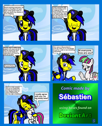 Size: 2010x2491 | Tagged: safe, artist:mrstheartist, blossomforth (mlp), canon x oc, oc, oc:ponyseb 2.0, equine, fictional species, mammal, pegasus, pony, feral, friendship is magic, hasbro, my little pony, base used, blushing, bright colors, comic, cute, dialogue, duo, female, high res, hug, looking at you, love, male, male/female, shipping, speech bubble, talking, talking to viewer, text