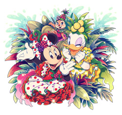 Size: 1110x1050 | Tagged: safe, artist:キリ太, clarice (disney), daisy duck (disney), minnie mouse (disney), bird, chipmunk, duck, mammal, mouse, rodent, waterfowl, anthro, disney, mickey and friends, 2d, female, females only, one eye closed, pixiv, trio, trio female, winking