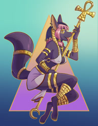 Size: 927x1200 | Tagged: suggestive, artist:kadath, anubis, anubian jackal, canine, jackal, mammal, anthro, ankh, bra, clothes, egyptian, female, fur, hair, jewelry, licking, loincloth, nipple outline, pink hair, rule 63, solo, solo female, tail, tail jewelry, tail ring, tongue, tongue out, underwear