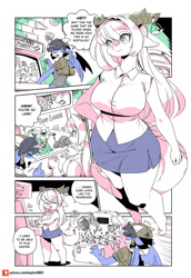 Size: 1250x1818 | Tagged: safe, artist:shepherd0821, oc, oc:levia, oc:ptera, dragon, fictional species, anthro, modern mogal, arcade cabinet, big breasts, bottomwear, breasts, clothes, dragoness, female, horns, monster girl, skirt, tail, whack-a-mole (game), wings
