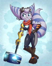 Size: 1358x1718 | Tagged: safe, artist:dazzlekong, rivet (r&c), fictional species, lombax, mammal, anthro, ratchet & clank, abstract background, belt, blue body, blue eyes, blue fur, boots, breasts, cheek fluff, clothes, ear piercing, earring, eyebrows, eyelashes, female, fluff, fur, gloves, glowing, goggles, goggles on head, hammer, hand on hip, piercing, pink nose, prosthetic arm, prosthetics, ringtail, scarf, shoes, smirk, solo, solo female, standing, striped fur, stripes, suit, tail