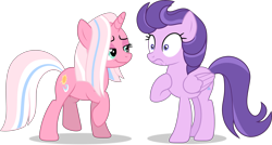 Size: 8923x4790 | Tagged: safe, artist:thatusualguy06, clear skies (mlp), clear sky (mlp), equine, fictional species, mammal, pegasus, pony, unicorn, feral, friendship is magic, hasbro, my little pony, absurd resolution, duo, duo female, faic, female, females only, hooves, lidded eyes, mare, missing accessory, name pun, namesake, on model, raised hoof, shrunken pupils, simple background, transparent background, vector