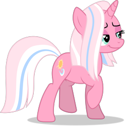 Size: 4357x4400 | Tagged: safe, artist:thatusualguy06, clear sky (mlp), equine, fictional species, mammal, pony, unicorn, feral, friendship is magic, hasbro, my little pony, 2021, absurd resolution, female, hooves, lidded eyes, mare, missing accessory, on model, pink body, raised hoof, simple background, smiling, solo, solo female, transparent background, vector