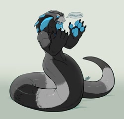 Size: 1280x1231 | Tagged: safe, artist:suckmcjones, oc, oc only, oc:nagawah (group17), fictional species, reptile, snake, anthro, naga, 2019, big hands, big paws, black body, blue body, claws, digital art, fangs, forked tongue, gray body, male, paw pads, paws, scales, sharp teeth, signature, snake tail, solo, solo male, speech bubble, tail, teeth, tongue, tongue out