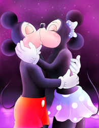 Size: 1976x2528 | Tagged: safe, artist:jimfoxx, mickey mouse (disney), minnie mouse (disney), mammal, mouse, rodent, anthro, disney, mickey and friends, 2d, bottomwear, bow, clothes, dress, duo, female, hair bow, kissing, male, male/female, mickeyminnie (disney), murine, shipping, shorts