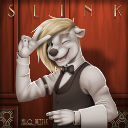Size: 700x700 | Tagged: safe, artist:milo nettle, oc, oc only, oc:slink (milo nettle), mammal, mustelid, otter, anthro, 2018, blonde hair, bow, bow tie, character name, clothes, digital art, fur, green eyes, hair, male, one eye closed, open mouth, open smile, smiling, solo, solo male, waiter, white body, white fur