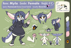 Size: 2000x1361 | Tagged: safe, artist:mylafox, oc, oc only, oc:myla (mylafox), canine, caracal, feline, fennec fox, fox, hybrid, mammal, anthro, digitigrade anthro, feral, abstract background, big ears, black sclera, blue body, blue fur, blue hair, cheek fluff, close-up, clothes, color palette, colored sclera, cream body, cream fur, cute, cute little fangs, duality, ear tuft, ears, english text, eye through hair, fangs, featureless crotch, female, fluff, front view, fur, hair, hat, leg warmers, legwear, looking at you, nudity, open mouth, open smile, orange eyes, outfit, paw pads, paws, pendant, pink body, pride flag, reference sheet, side view, sitting, smiling, solo, solo female, standing, teeth, thigh highs, toeless legwear, topwear, underpaw