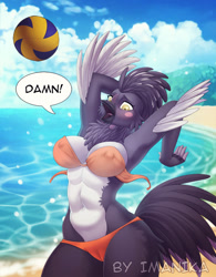Size: 695x890 | Tagged: suggestive, artist:imanika, oc, oc only, bird, chicken, galliform, anthro, ball, beach, beak, belly button, bikini, black feathers, blush sticker, breasts, cameltoe, clothes, eyelashes, feathers, female, fluff, hip fluff, neck fluff, nipple outline, open beak, open mouth, outdoors, solo, solo female, speech bubble, swimsuit, tail, tail feathers, volleyball, wardrobe malfunction, white feathers, wide eyes, yellow eyes