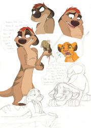 Size: 900x1260 | Tagged: safe, artist:credens-vita, simba (the lion king), timon (the lion king), big cat, feline, lion, mammal, meerkat, mouse, rodent, feral, disney, the lion king, 2017, begging, carnivore, cub, dead, male, meat, scientifically accurate, young