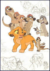 Size: 900x1286 | Tagged: safe, artist:credens-vita, simba (the lion king), timon (the lion king), timon's ma (the lion king), uncle max (the lion king), big cat, feline, lion, mammal, disney, the lion king, 2017, arguing, confused, female, hug, male, relief, surprised
