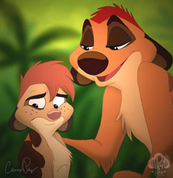 Size: 1024x1055 | Tagged: safe, artist:cammiko, timon (the lion king), oc, mammal, meerkat, disney, the lion king, 2016, comforting, downcast, hand on shoulder, lidded eyes, male, sad