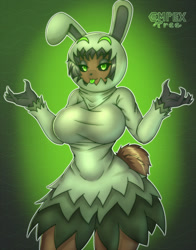 Size: 1005x1280 | Tagged: safe, artist:complextree, oc, oc only, lagomorph, mammal, rabbit, anthro, 2020, big breasts, black nose, breasts, clothes, commission, costume, digital art, eyelashes, female, fur, hair, halloween, holiday, looking at you, solo, solo female, tail, thighs, wide hips