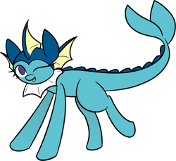Size: 2399x2200 | Tagged: safe, artist:renamon729, oc, oc:aquana, eeveelution, equine, fictional species, mammal, pokémon pony, pony, vaporeon, feral, hasbro, my little pony, nintendo, pokémon, 2018, blue body, crossover, ear fins, ears, fins, fish tail, high res, hooves, no pupils, one eye closed, ponified, purple eyes, side view, simple background, solo, tail, transparent background, yellow body