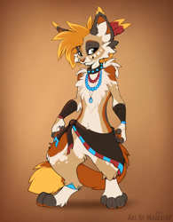 Size: 998x1280 | Tagged: safe, artist:magenta7, oc, oc only, oc:alona, feline, mammal, anthro, digitigrade anthro, 2021, brown body, brown fur, chest fluff, clothes, collar, cream body, cream fur, ear tuft, fangs, feather, feathers, female, flat chest, fluff, front view, fur, gradient background, green eyes, hair, jewelry, necklace, paws, pendant, sharp teeth, smiling, solo, solo female, spiked collar, standing, tail, teeth, wide hips, yellow body, yellow feathers, yellow fur, yellow hair
