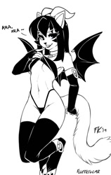 Size: 756x1200 | Tagged: suggestive, artist:fluff-kevlar, oc, oc only, oc:ara, oc:ara (fluff-kevlar), demon, fictional species, succubus, anthro, digitigrade anthro, 2019, belly button, black and white, clothes, dialogue, female, flashing, fluff, gloves, grayscale, hair, holding, horns, legwear, long gloves, looking at you, monochrome, pendant, shoulder fluff, simple background, solo, solo female, species swap, tail, tail fluff, tail hold, talking, toeless legwear, webbed wings, white background, wings