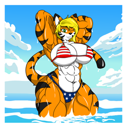 Size: 1280x1280 | Tagged: suggestive, artist:oleanderin, oc, oc only, big cat, feline, mammal, tiger, anthro, 2020, abs, armpits, arms behind head, beach, belly button, biceps, big breasts, bikini, black nose, breasts, cameltoe, clothes, cloud, commission, digital art, ears, eyelashes, female, flag bikini, fur, huge breasts, looking at you, micro bikini, muscles, muscular female, ocean, one eye closed, sky, solo, solo female, striped body, striped fur, swimsuit, tail, thighs, water, wide hips, ych result