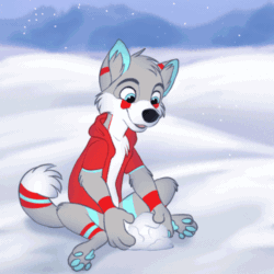 Size: 500x500 | Tagged: safe, artist:tuwka, canine, mammal, wolf, semi-anthro, 1:1, 2d, 2d animation, animated, blue eyes, cute, frame by frame, gif, low res, male, paw pads, paws, playing, snow, snowball, solo, solo male