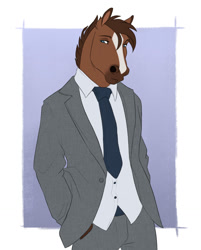 Size: 1029x1280 | Tagged: safe, artist:karmen16, equine, horse, mammal, anthro, 2021, abstract background, blue eyes, bottomwear, brown body, brown fur, brown hair, clothes, front view, fur, hair, male, necktie, pants, solo, solo male, suit, white body, white fur