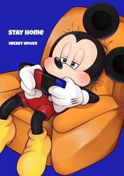 Size: 1000x1412 | Tagged: safe, artist:sh disney, mickey mouse (disney), mammal, mouse, rodent, anthro, disney, mickey and friends, nintendo, nintendo switch, 2d, 4 fingers, black nose, blue background, blue eyes, bottomwear, clothes, covid-19, male, red shorts, round ears, shoes, shorts, simple background, solo, solo male, white gloves