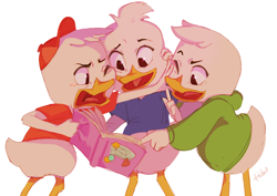 Size: 2076x1472 | Tagged: safe, artist:turning-the-tides, dewey duck (disney), huey duck (disney), louie duck (disney), bird, duck, waterfowl, disney, ducktales, ducktales (2017), mickey and friends, 2d, beak, brother, brothers, feathers, journal, male, males only, open beak, open mouth, siblings, simple background, trio, trio male, triplets, white background, white feathers, young