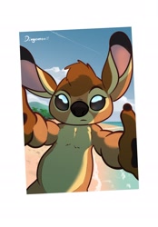 Size: 1723x2480 | Tagged: safe, artist:dingensen, bambi (bambi), alien, experiment (lilo & stitch), fictional species, semi-anthro, bambi (film), disney, lilo & stitch, 2d, beach, black claws, black nose, camera shot, claws, crossover, eyebrows, looking at you, male, raised eyebrow, selfie, solo, solo male, species swap, water