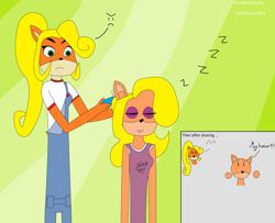 Size: 1280x1037 | Tagged: safe, artist:adrianbocek, coco bandicoot (crash bandicoot), tawna bandicoot (crash bandicoot), bandicoot, mammal, marsupial, crash bandicoot (series), angry, bald, comic, duo, female, gradient background, hair, out of character, razor, revenge, shaving, sleeping, uncanny valley, why, wtf, zzz
