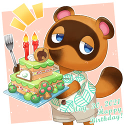 Size: 757x757 | Tagged: safe, artist:hellox2, tom nook (animal crossing), canine, mammal, raccoon dog, anthro, animal crossing, nintendo, birthday cake, blue eyes, brown body, brown fur, cake, food, fur, looking at you, male, solo, solo male