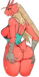 Size: 556x1092 | Tagged: suggestive, artist:mcfli, bird, blaziken, fictional species, anthro, nintendo, pokémon, 2021, 4 fingers, blue eyes, blushing, breasts, butt, clothes, colored sclera, female, fingers, holding butt, looking back, one-piece swimsuit, pinup, pose, rear view, red body, sideboob, simple background, sketch, solo, solo female, starter pokémon, sweat, swimsuit, three-quarter view, white background, yellow sclera