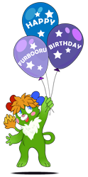 Size: 955x1926 | Tagged: species needed, safe, artist:putterpen, semi-anthro, 2021 furbooru anniversary, anniversary, balloon, floating, happy, male, open mouth, popples, simple background, solo, solo male, tail, transparent background