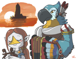 Size: 740x580 | Tagged: safe, artist:kéké, kass (zelda), medli (zelda), bird, fictional species, rito, anthro, humanoid, nintendo, the legend of zelda, the legend of zelda: breath of the wild, the legend of zelda: the wind waker, 2d, 2d animation, accordion, animated, duo, female, frame by frame, gif, male, musical instrument, signature